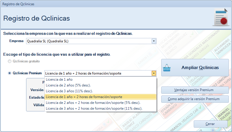 Registro de Qclinicas con 2 horas de formación/soporte